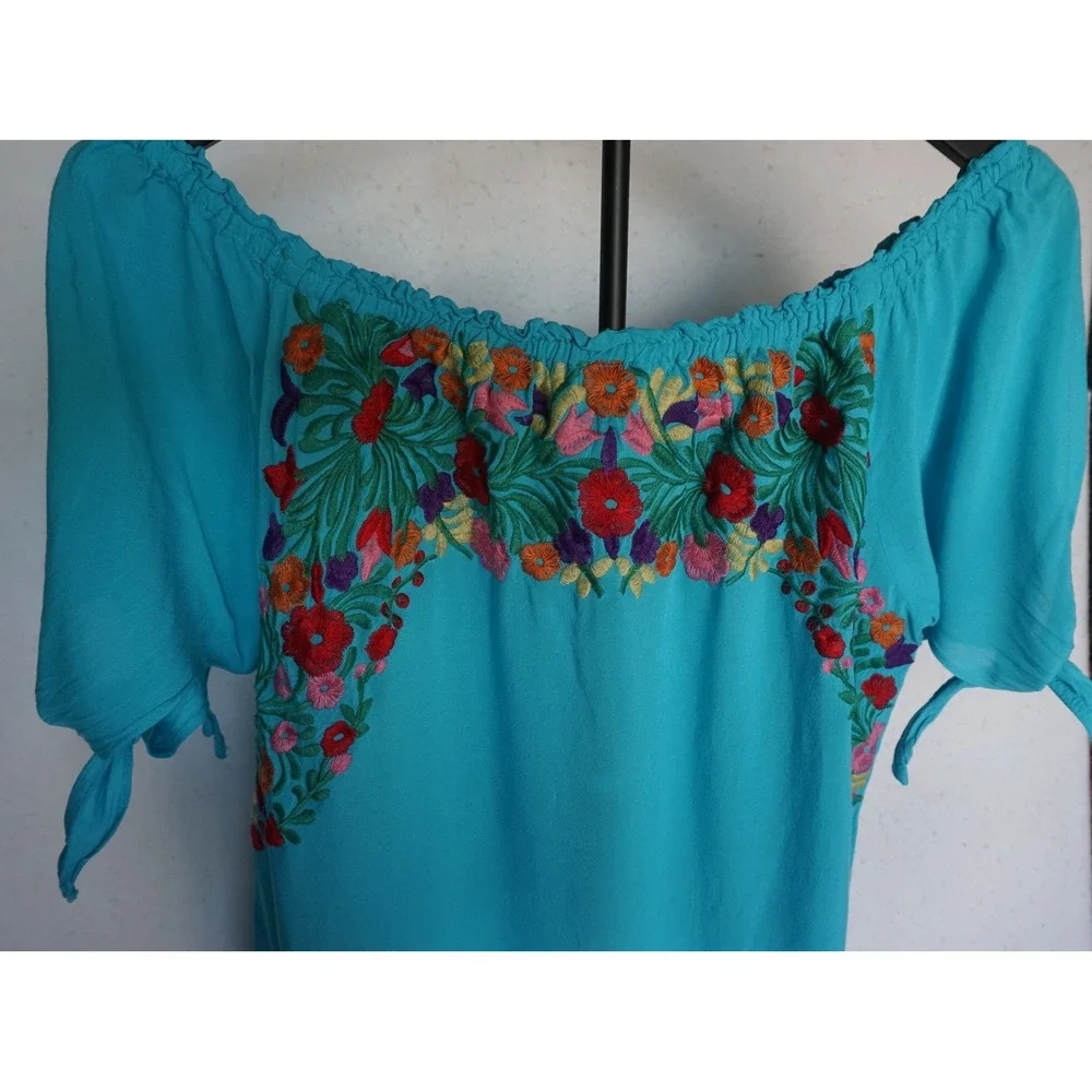 Jodifl Turquoise Floral Embroidered Off Shoulder Mini Dress B1769 Teal Blue L